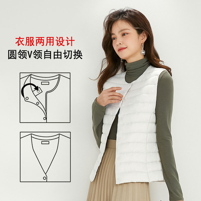Otoño plumado ligero damas no cuello V chaleco blanco chaleco interior de caballo clip de hombro con chaqueta de base