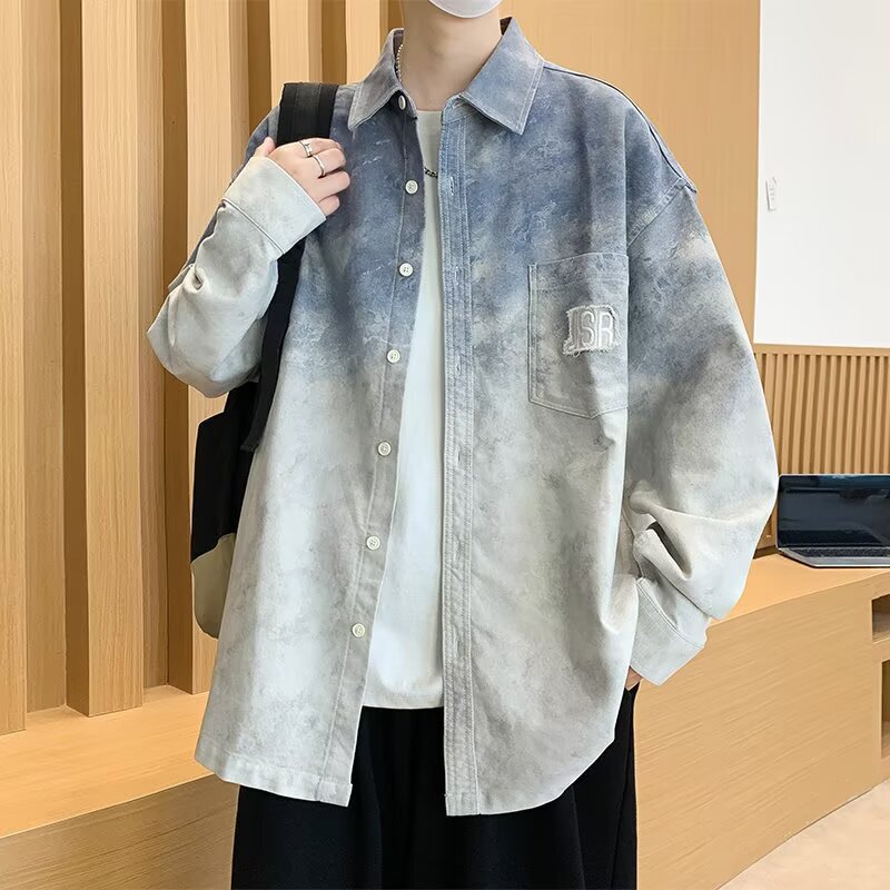 Spring and Autumn 2025 New Long Sleeve Shirt Jacket Boys Teen Trendy Brand Loose Large Size Lapel Gradient Jacket Spring and Autumn 2025 New Long Sleeve Shirt Jacket Boys Teen Trendy Brand Loose Large Size Lapel Gradient Jacket