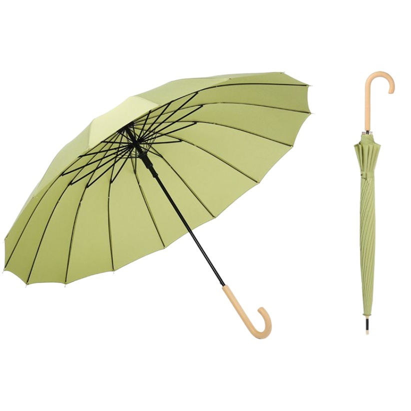 Logotipo personalizado al por mayor pequeño mango de madera fresca letras gancho curvo paraguas soleado Mango largo 16-paraguas de hueso Paraguas automático paraguas publicitario