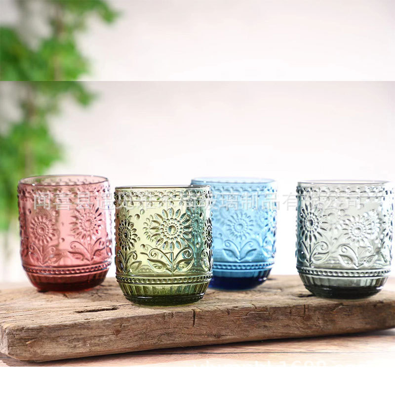 复古玻璃口杯彩色果汁杯家用喝水杯牛奶杯欧式浮雕杯向日葵创意杯