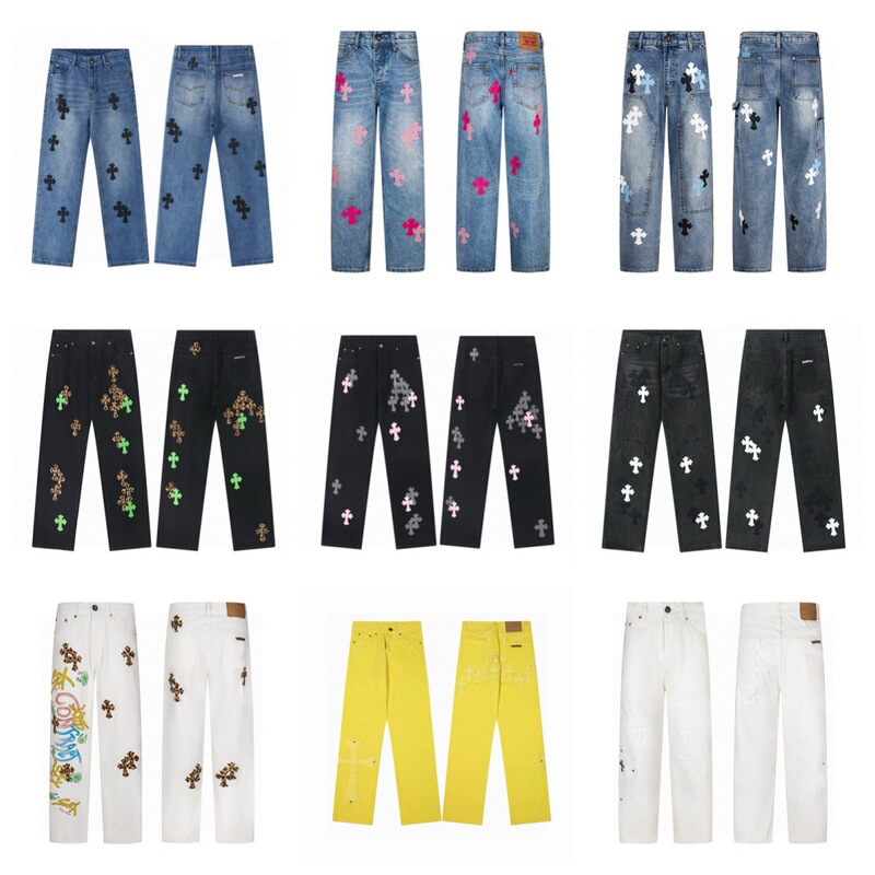 Cross-border CH Chrome Hearts high street retro style textured cross patch gradient washed high-waisted loose-fitting couple's jeans