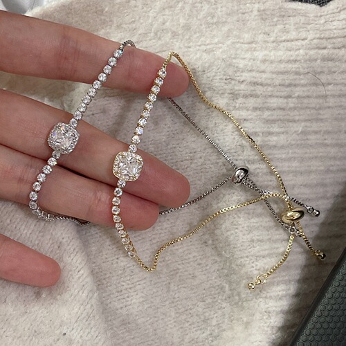 Silver and Gold-Tone Small Square Zirconia Bracelet -  Versatile Pull-String Gentle Style Charm Accessory Cord
