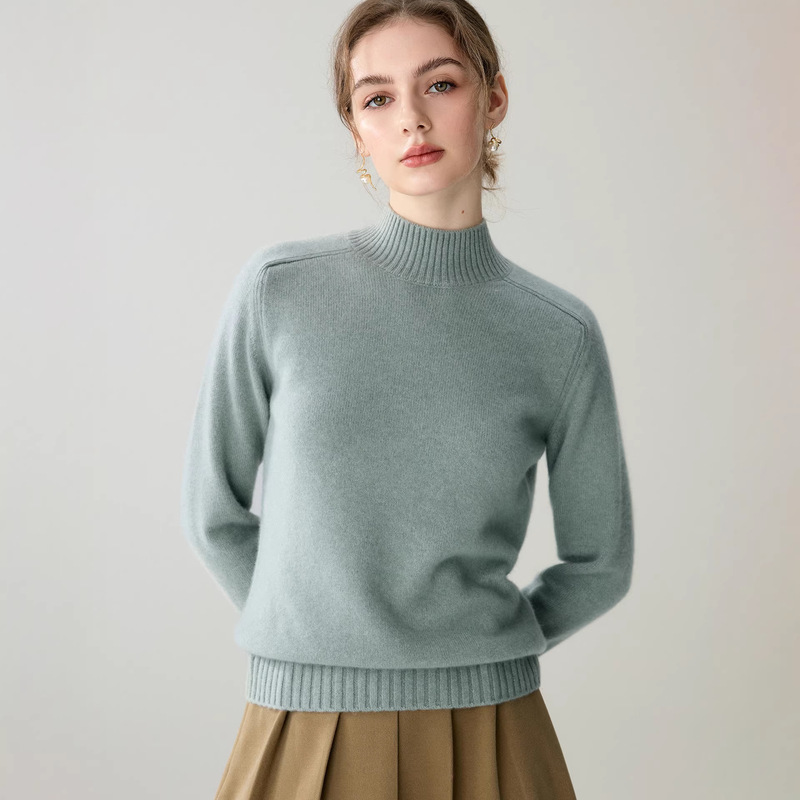 100% Pure Cashmere Thickened Sweater for Women with Saddle Shoulder Design, New Autumn and Winter Style, Loose Half-High Collar Base Shirt