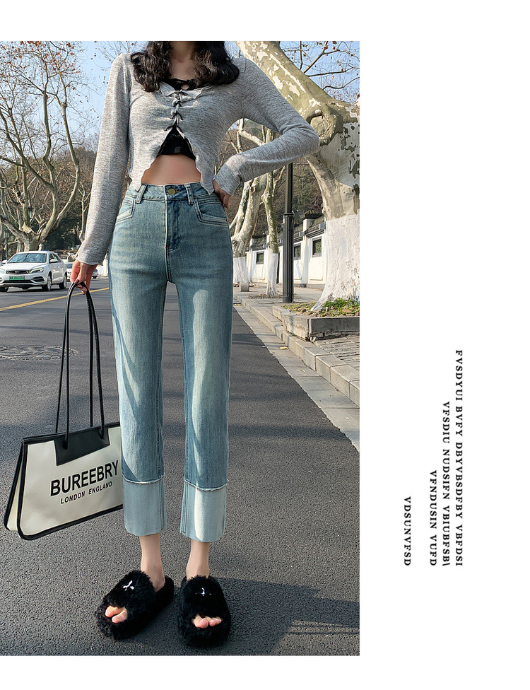 【中国直邮】HEY+JEANS 春季韩系翻边高腰显瘦九分裤 黑色 M