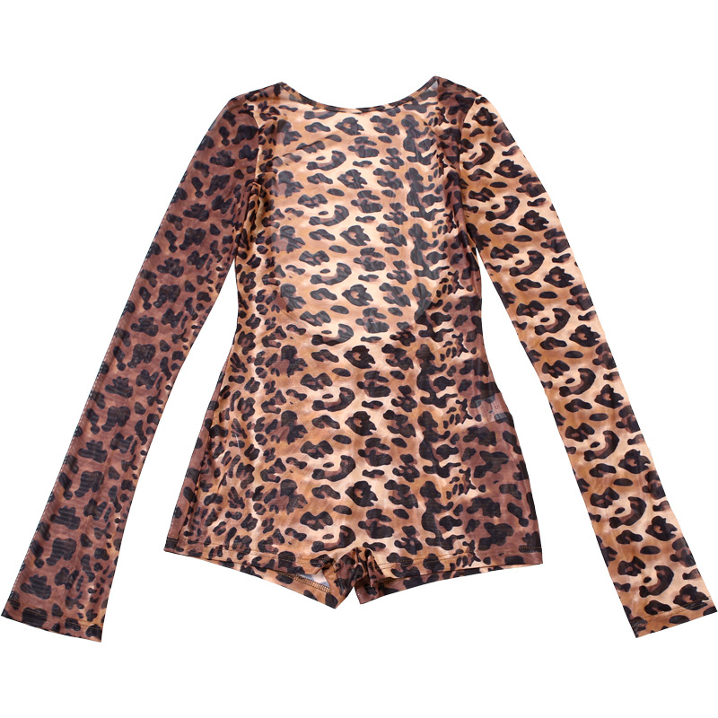 Women Spring Clothing Sexy Horn Long Sleeve Contrast Color Leopard Print Backless Sexy Siamese Shorts