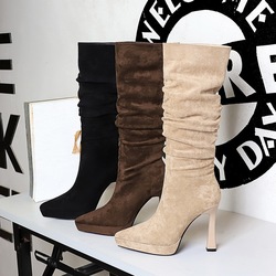 9399-1 European and American thick heel high-heeled pointed slimming long tube boots for women, high tube waterproof platform, side zipper, folded stacking boots