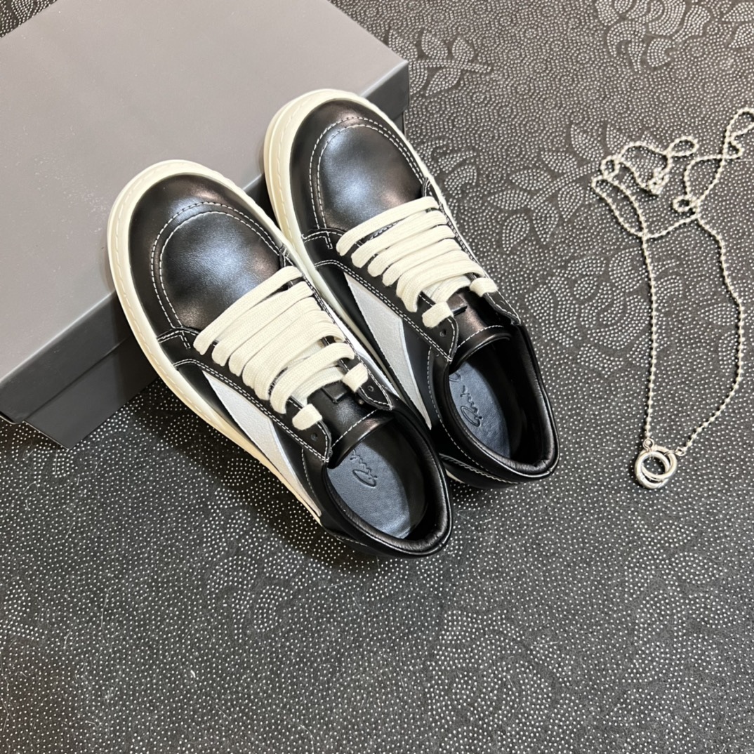 2024 Novo RO couro genuíno cano baixo com sola grossa, cadarço preto e branco, sapatos casuais escuros de rua para ambos_voghion.com