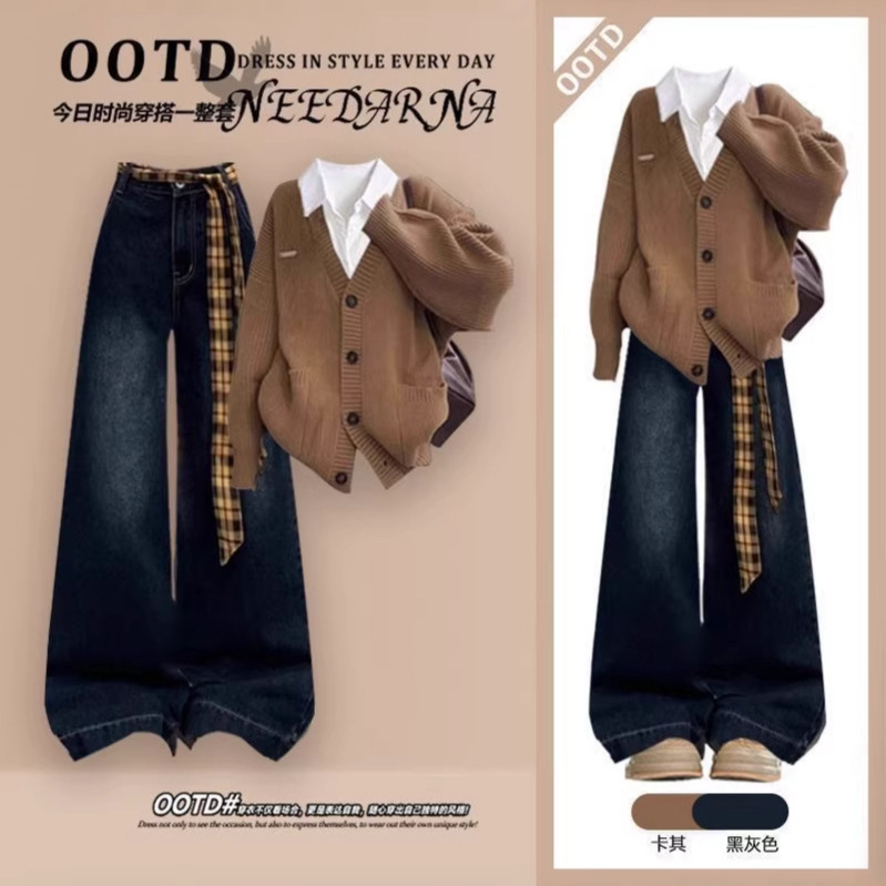 Wasteland Style Women's 2025 Super Stylish Knitted Sweater Paired with a Youthful Long-Sleeve Shirt, Early Autumn Fashion Two-Piece Set