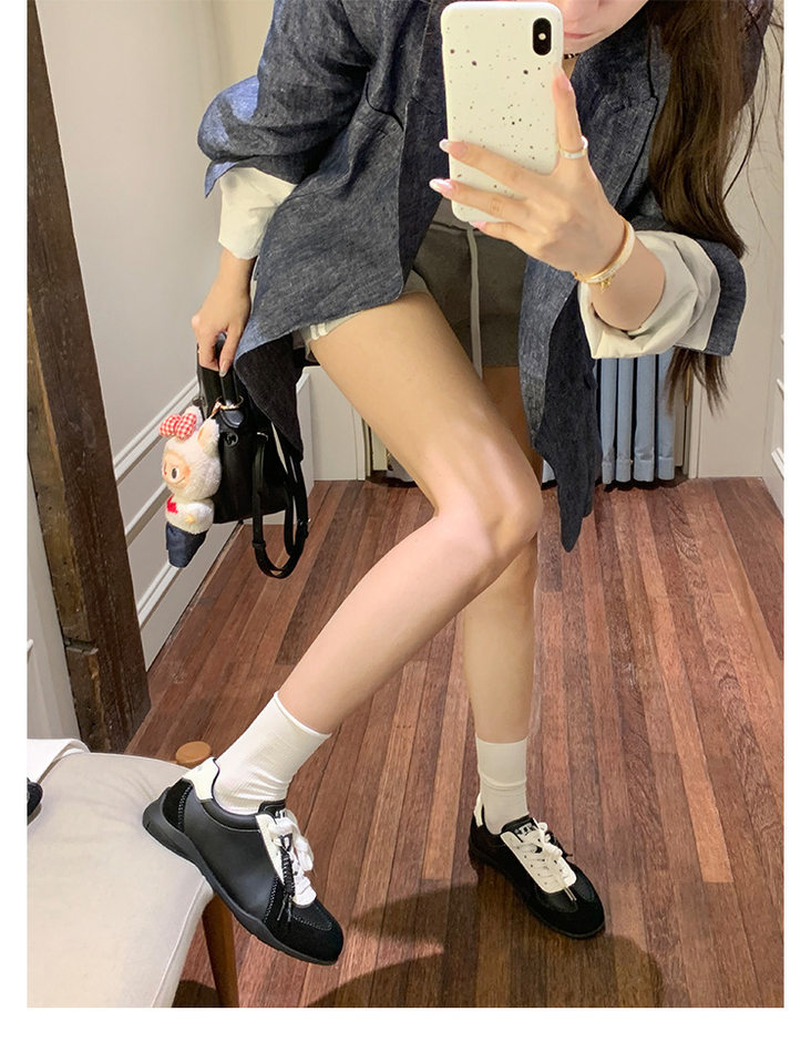 Giày sneaker nữ da bò phối màu mũi tròn dây buộc tăng chiều cao — Màu trắng nhạt, màu sô cô la, màu vàng, màu đen chi tiết 47