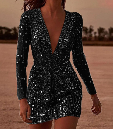 Women's Clothing Deep V See Through Bodycon Dress Gold Flecked Long Sleeved Evening Gown Sexy Party Wear_ecoleips.com