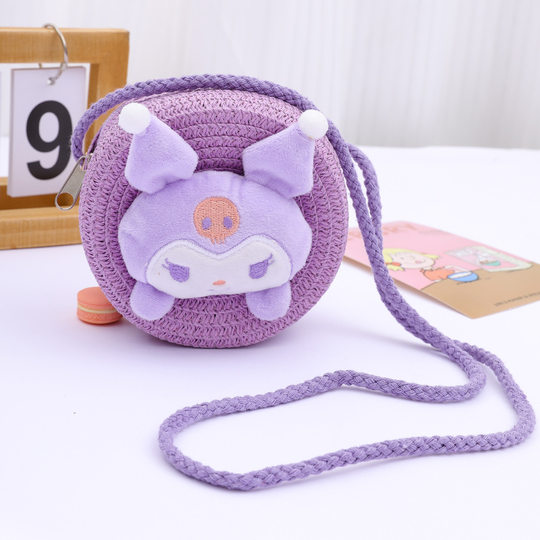 New Children's Straw Bag Cute Cartoon Big Ears Dog Children's Coin Purse Crossbody Small Bag Woven Mobile Phone