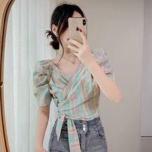 2025夏季新品法式泡泡袖设计感系带女士短袖短款上衣风T恤款衬衫