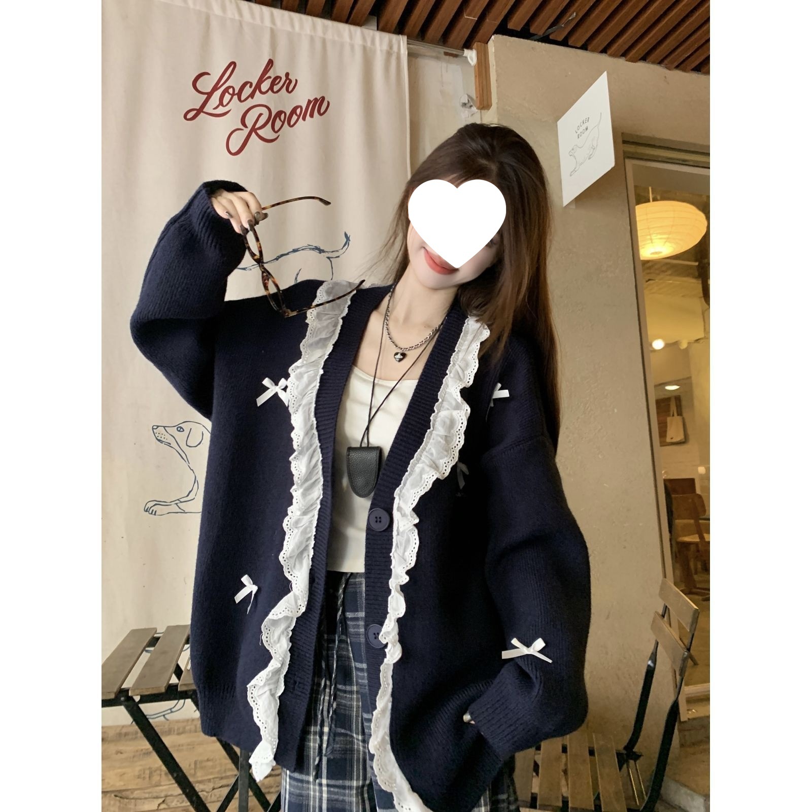 蝴蝶结蕾丝花边长袖毛衣女新款甜辣设计感宽松针织外套潮