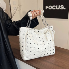 韩系少女泡泡纱蝴蝶结托特包大容量简约时尚单肩包学生上课通勤包