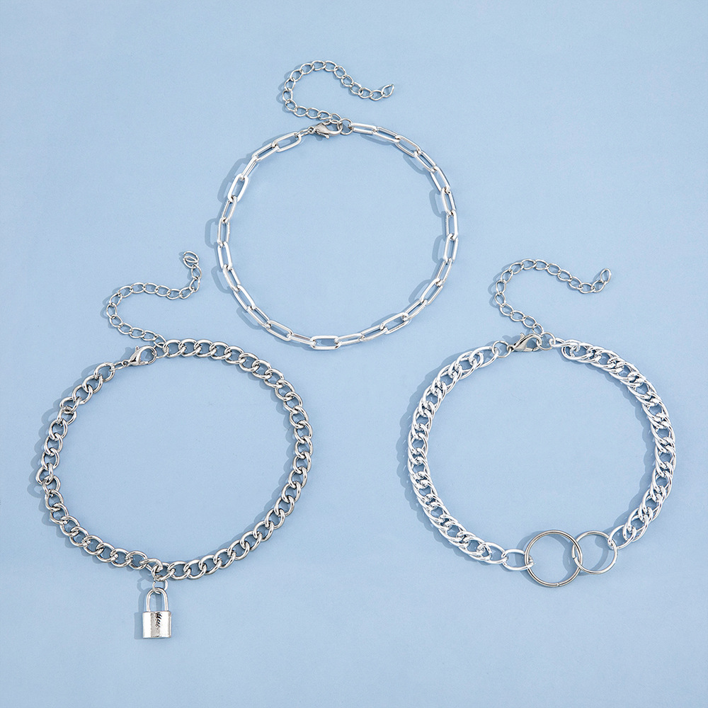 New Personality Trend Lock Pendant Double Circle Chain Anklet Combination Three-piece Set display picture 4