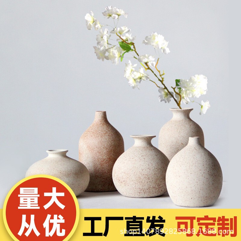 Jingdezhen Retro-Style Flower Arrangement Ceramic Vase Handmade Coarse Pottery Homestay Hotel Display Shelf Decorative Ornament Free Shipping