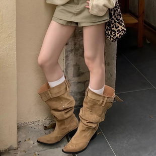 Women's Knee-High Boots with Thick Heels, Slimming Pointed Toe, Belt Buckle, and Ruched Design for Spring/Summer 2025
