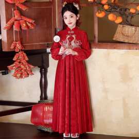 汉服女童高端新款秋新中式国风红色唐装儿童过年服新年拜年服冬装