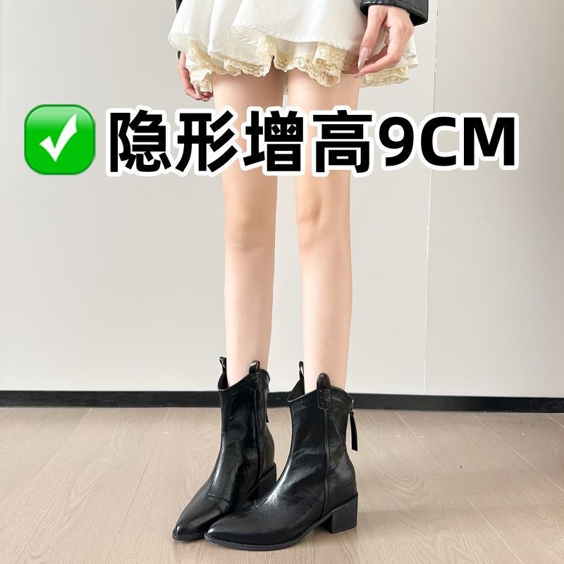 热风秋季新款牛仔女士时尚复古尖头西部靴厚底设计短靴气质休闲|undefined