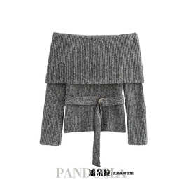 跨境欧美女装 2024秋冬款套头毛衣一字领露肩长袖配腰带针织上衣