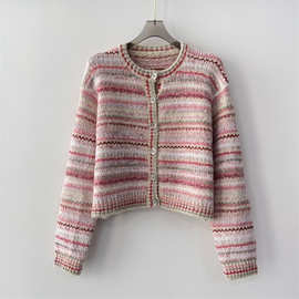 南油高版本2024年秋冬新品小香风粉色条纹拼色圆领针织开衫外套女