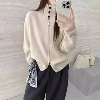 设计感高领双拉链毛衣女春秋新款韩系简约百搭慵懒风针织开衫外套