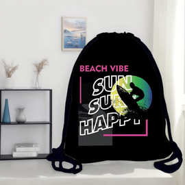 跨境可折叠便携数码印花黑色帆布防水鞋袋抽绳袋运动旅行杂物袋