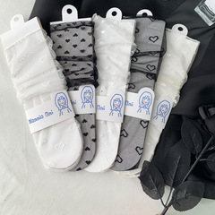 襪子女春夏款薄款網紗堆堆襪jk甜美風愛心中筒襪透明玻璃絲仙女襪