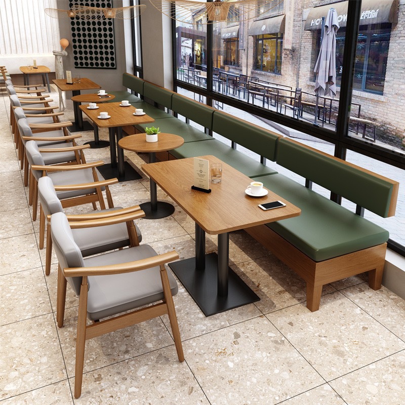 Cafe and milk tea shop booth sofa table and chair set, tea restaurant and snack shop rattan and solid wood commercial reception seating