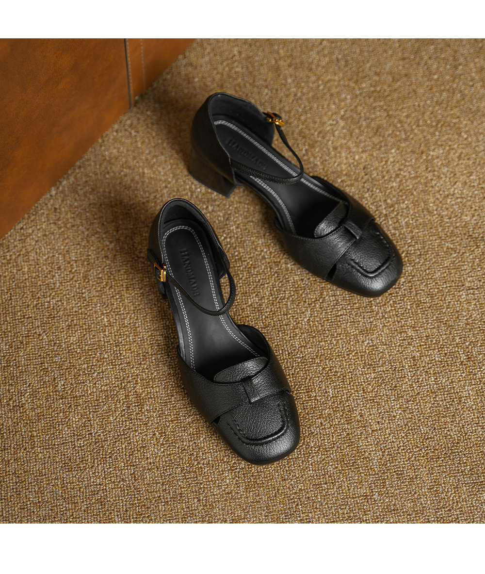 Sandal nữ da dê chạm trổ hoa văn, gót vuông 4,5 cm, mũi vuông hở mũi — đen chi tiết 14