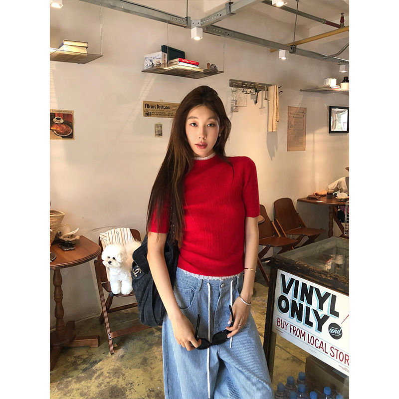 [No Refund, No Change] Half-turtleneck Five-point Knitted Short-sleeved Women's Thin Base Shirt Autumn Women's Design Sense Sweater