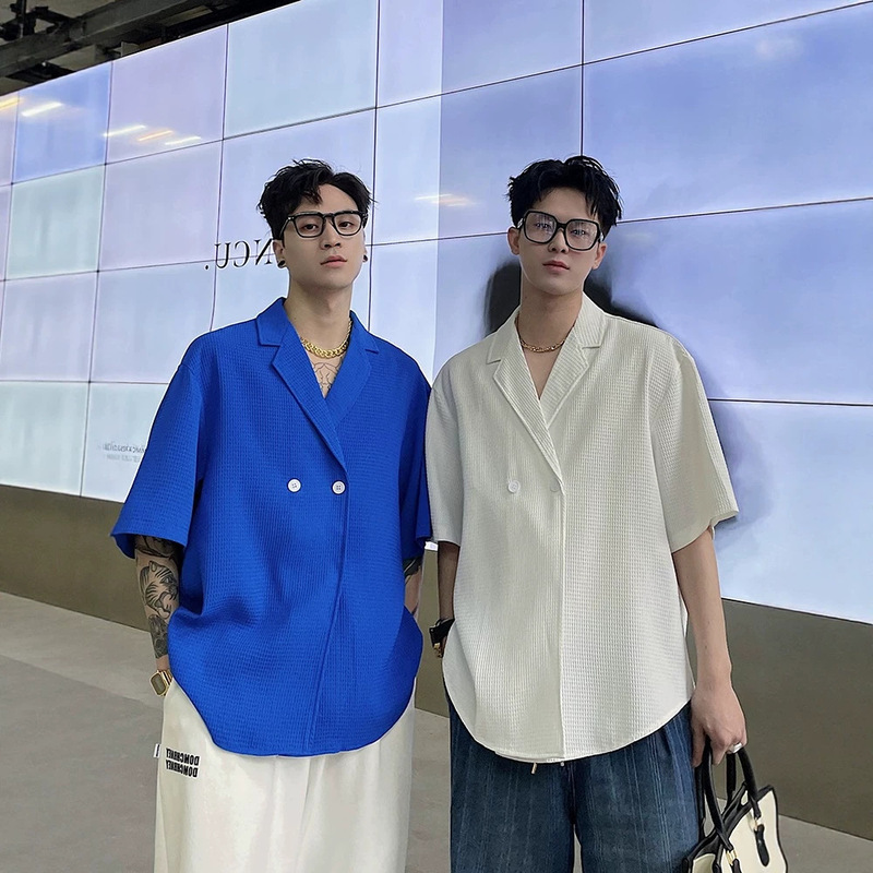 V-Neck Blazer Summer Klein Blue Design Short-Sleeve Shirt Men's Fashionable Waffle Grid Shirt Trendy V-Neck Blazer Summer Klein Blue Design Short-Sleeve Shirt Men's Fashionable Waffle Grid Shirt Trendy