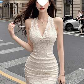 杏色V领重工蕾丝设计连衣裙女春季收腰显瘦气质名媛感包臀裙直销