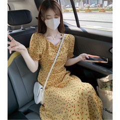 茶休フランス英倫風小背砕花ワンピース震え音港味夏服新作オープンシフォン中ロングスカート
