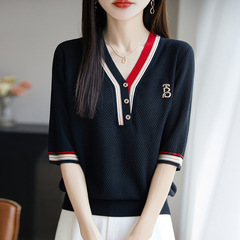 テンセルリヨセル V ネックコントラストカラー半袖 Tシャツ女性のための夏の 2025 新しいボトリングシャツ西洋スタイルの女性のニットトップ