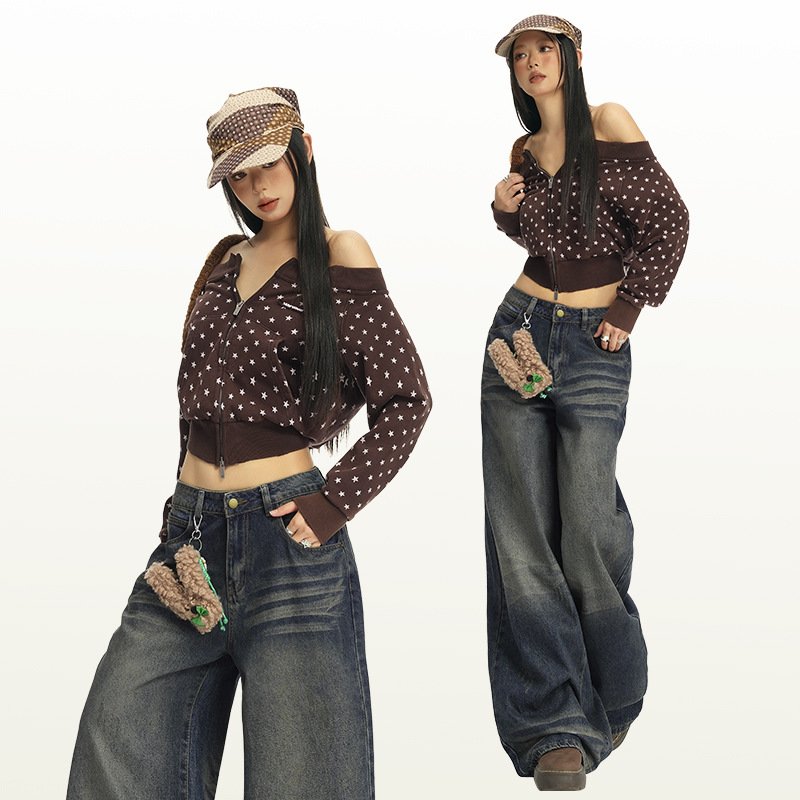 Orange Silk Women's Clothing # American Retro Wasteland Washed Straight Wide-Leg Pants, Lazy and Relaxed, Slim and Loose Jeans Orange Silk Women's Clothing # American Retro Wasteland Washed Straight Wide-Leg Pants, Lazy and Relaxed, Slim and Loose Jeans