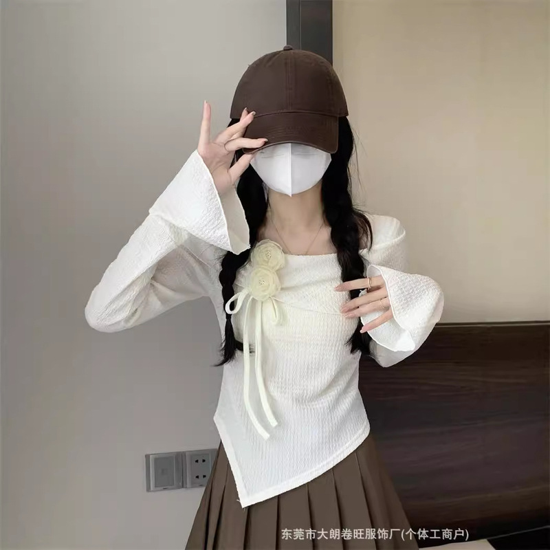 Spice Girl Shoulder Long-sleeved T-shirt Women's Spring Inner Irregular Three-dimensional Flower Small Shirt with Bell Sleeve Base Top