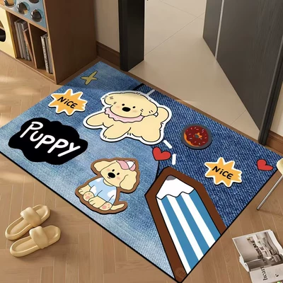 the Bathroom Entrance, Diatom Mud Cartoon, Avtomobil döşəmə paspasları - denim-pattern-puppy-pencil-80x-100cm-rubber-bottom