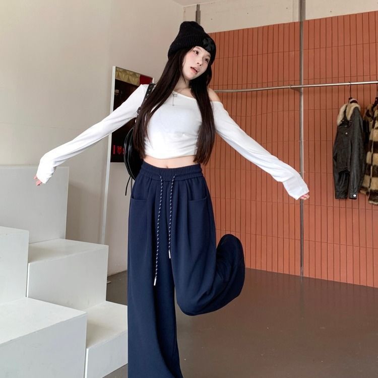 300斤加大码休闲裤女秋季慵懒风卫裤胖MM显瘦高腰垂感拖地长裤子|undefined