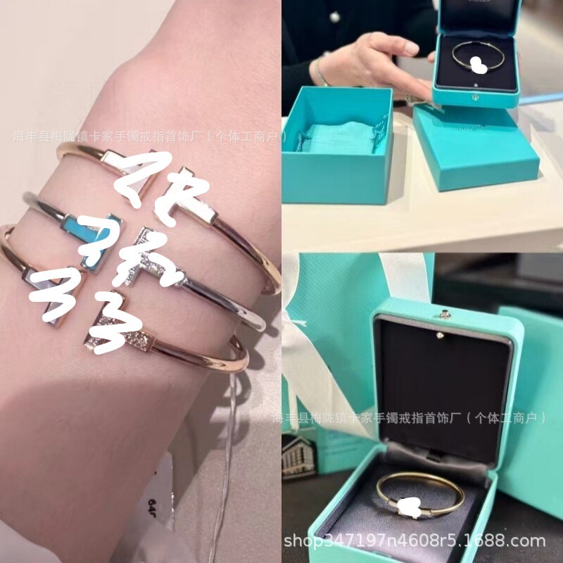 Tijia T-Brand Double t Bracelet, High-End Cnc Precision Carving, Thick 18K Gold Plating, Mother-Of-Pearl, Full Diamond Inlay, Exquisite Craftsmanship, Light Luxury Style Fashion Bracelet