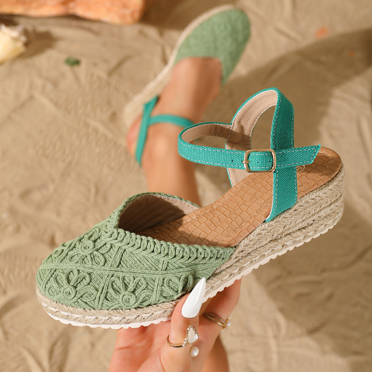Sandalias de Cuña con Suela de Cáñamo en Lino con Cierre de Hebilla image 9