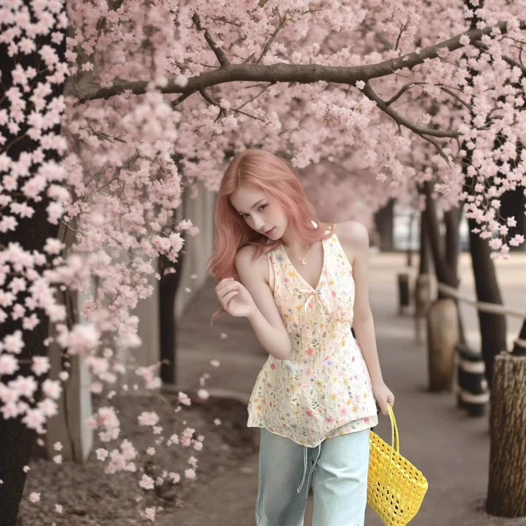 Кросс-бордер 2025 новый сладкий стиль топ с воротником-халтер, V-образным вырезом, нишевый цветочный принт, без спинки, облегающий топ в экспортном стиле