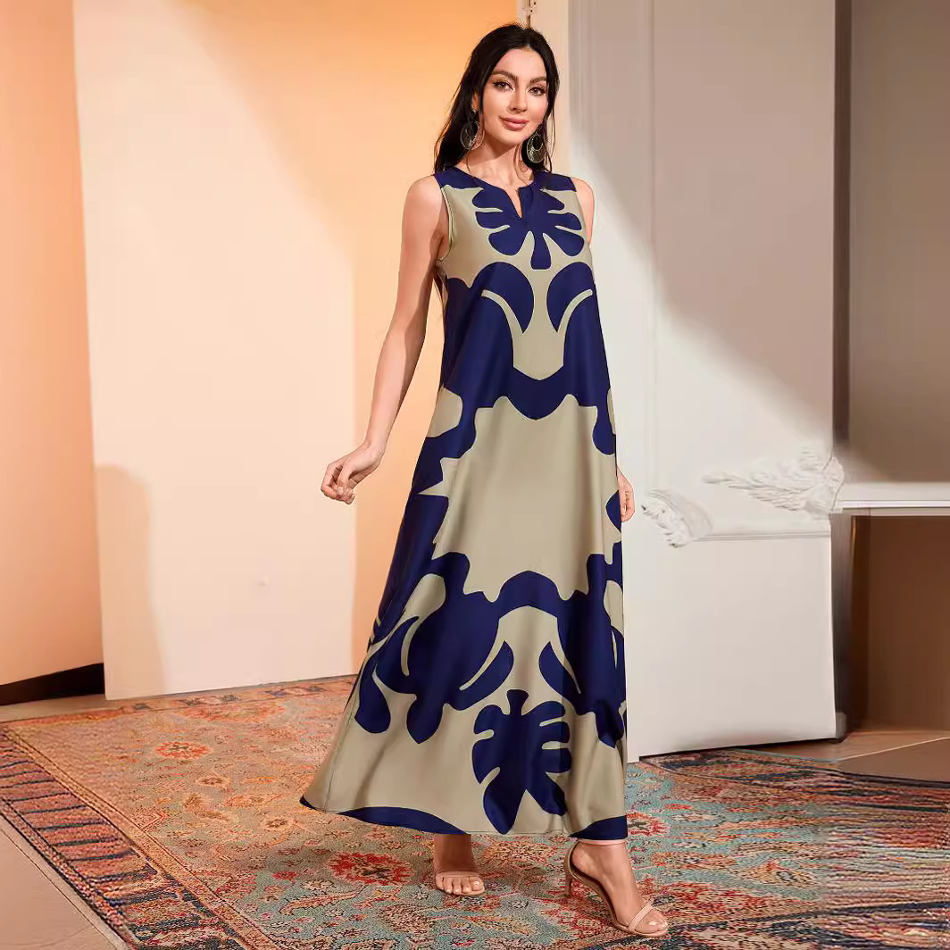 Vestido feminino boêmio longo, estampado, casual retrô, com decote em V e sem mangas, modelo mais vendido de 2024._voghion.com