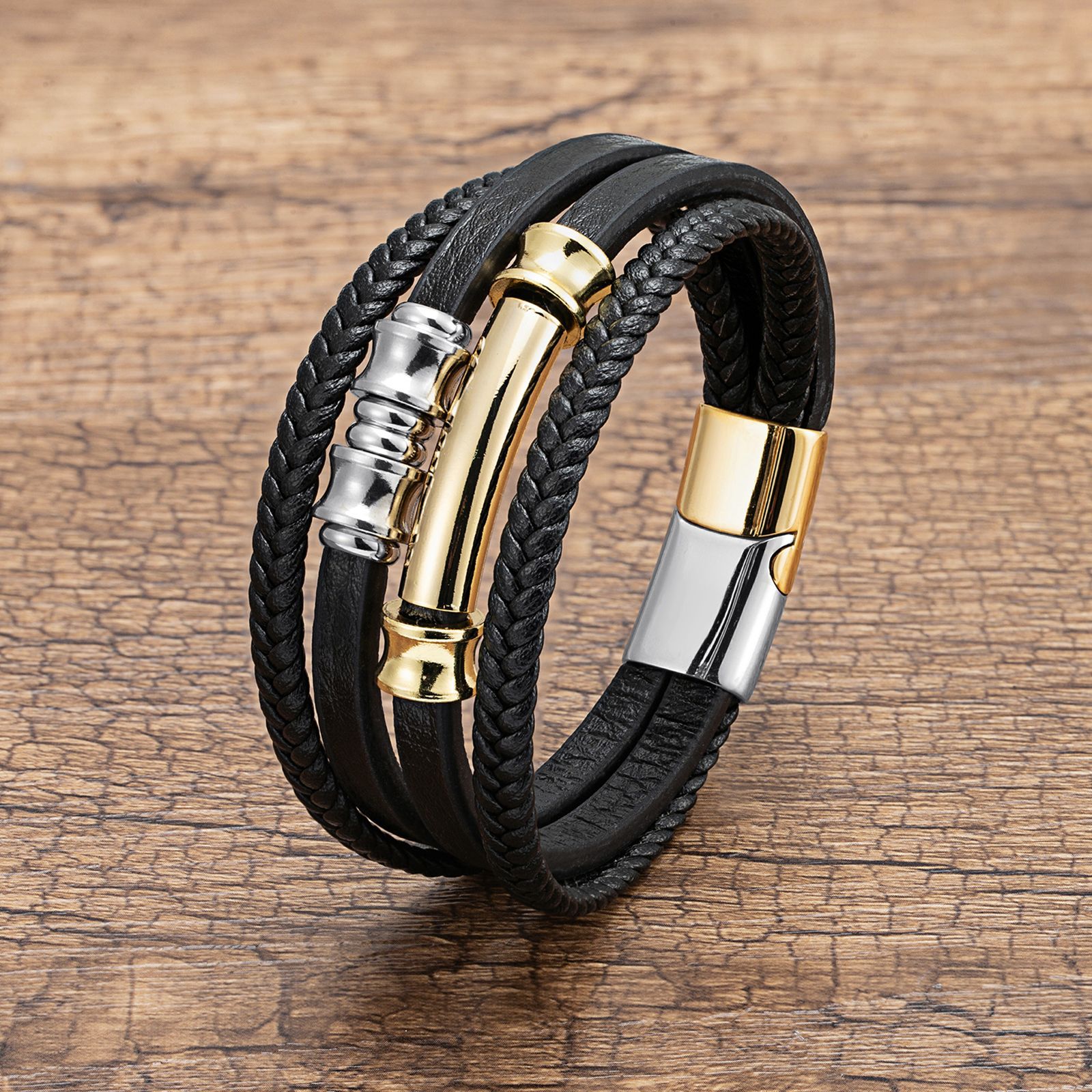 Geometric Pattern Retro Geometric 304 Stainless Steel Pu Leather Layered Men's Bangle Men Cord & Leather Bracelets