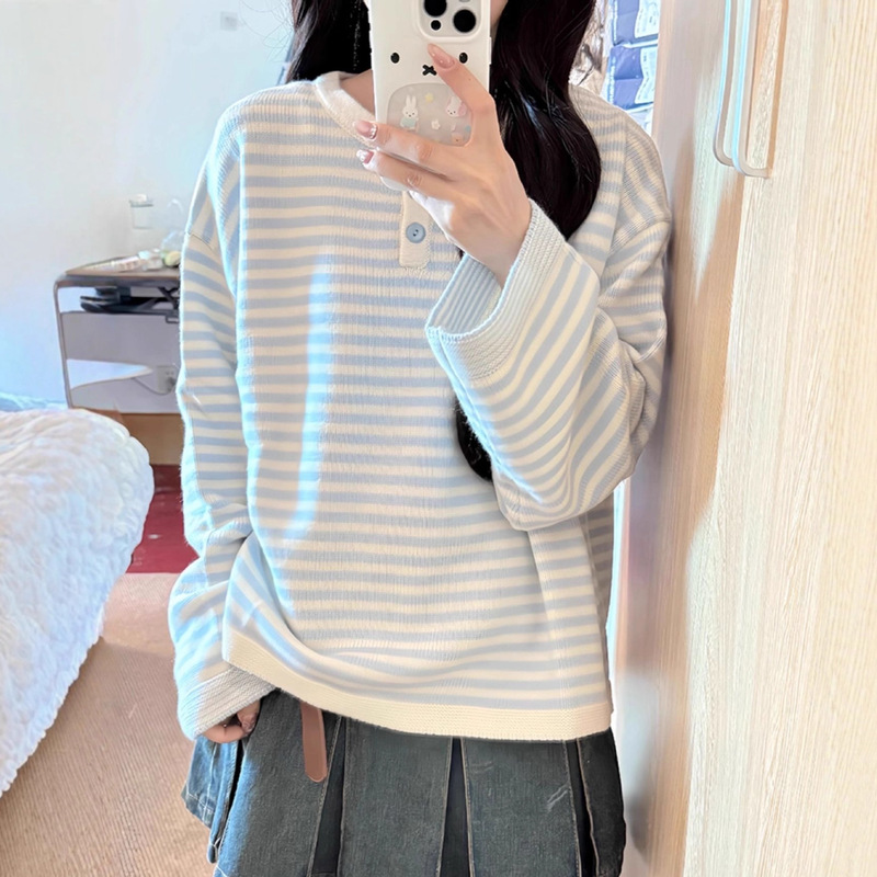 绵羊绒#韩系复古蓝色条纹纽扣长袖针织衫女秋冬休闲百搭显瘦上衣|undefined