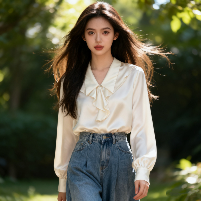 Real Shot of Long-Sleeved Satin Shirt, New Lotus Leaf French Style, High-End Work Clothing, Chic Design Shirt Top for Women, Autumn