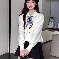 韩版气质翻领长袖短针织衫女春秋新款简约休闲百搭宽松配丝巾毛衣