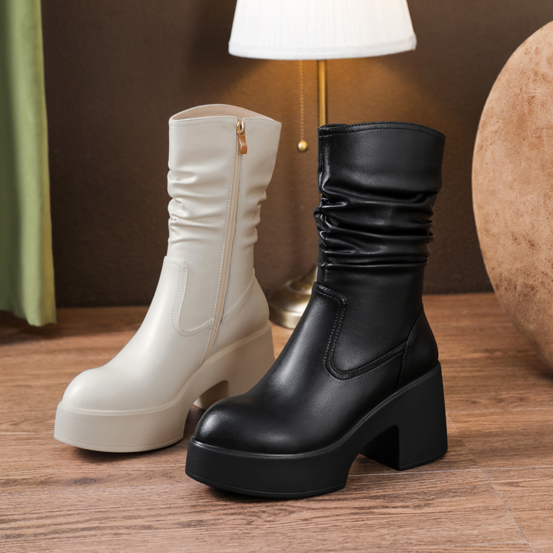 Boot Martin da thật cổ cao xếp ly đế dày gót ấm mùa đông — nhung đen, Lớp lót đơn màu trắng nhạt, Lớp lót đơn màu đen, Lớp lót nhung màu trắng nhạt