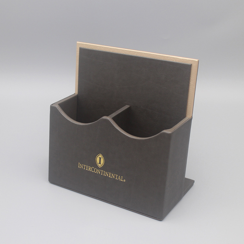 Caja de almacenamiento de hoteles Caja de artículos de cuero de alto nivel Guía de servicio de habitaciones Clip de notas Base de control remoto Kit de residencia