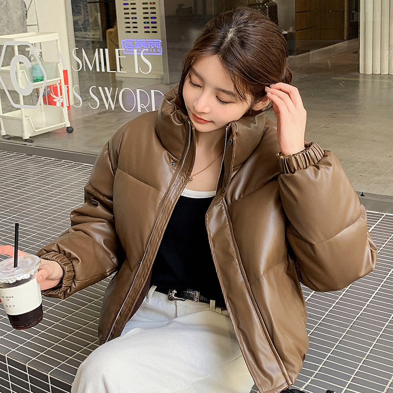 中欧美新短款2024小个子立领羽绒棉服女PU皮加厚棉袄棉衣外套潮流|undefined